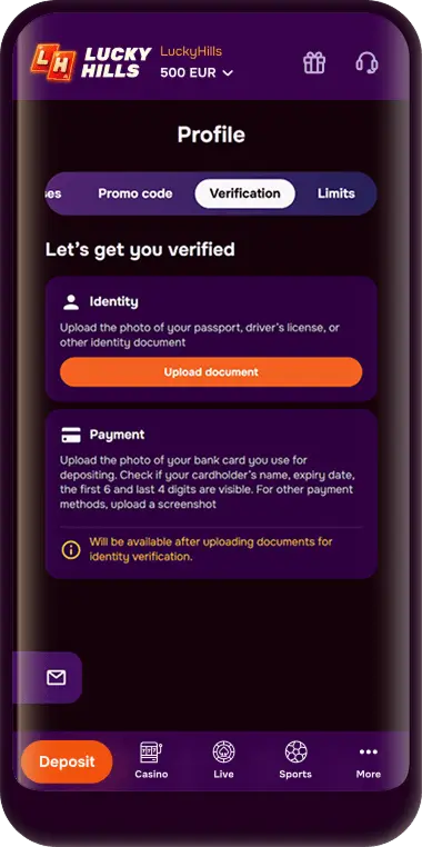LuckyHills Login and Verification steps