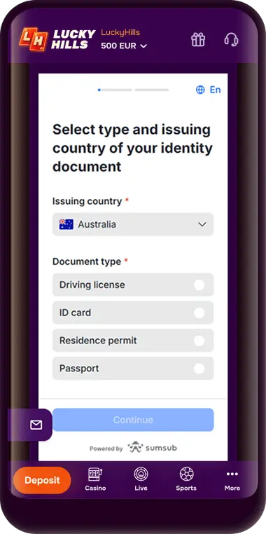 LuckyHills registration and verification steps